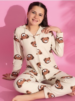 Deniz Home Wear Süet Kumaş Uzun Kollu Düğmeli Gömlek Yaka Çocuk Pijama Takımı