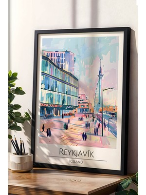 Izlanda Reykjavik Temalı Çerçeveli Tablo Travel Serisi Modern Illüstrasyon Şehir Duvar Dekoru
