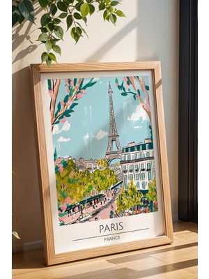 Fransa Paris Temalı Çerçeveli Tablo Travel Serisi Modern Illüstrasyon Şehir Duvar Dekoru