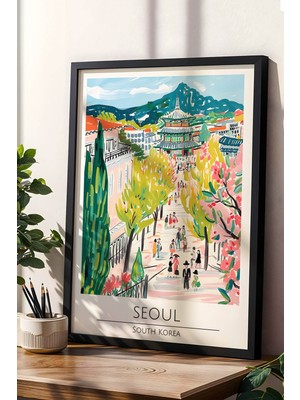 Güney Kore Seoul Temalı Çerçeveli Tablo Travel Serisi Modern Illüstrasyon Şehir Duvar Dekoru