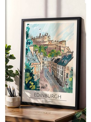 Iskoçya Edinburgh Temalı Çerçeveli Tablo Travel Serisi Modern Illüstrasyon Şehir Duvar Dekoru