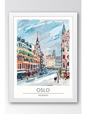 Norveç Oslo Temalı Çerçeveli Tablo Travel Serisi Modern Illüstrasyon Şehir Duvar Dekoru