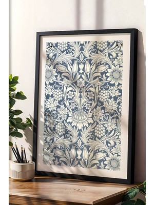 William Morris Antik Mavi Lale Desenli Çerçeveli Tablo Şık Vintage Duvar Dekoru Viktorya Serisi