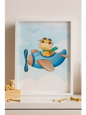 Sevimli Sarı Dinozor Pilot Çerçeveli Tablo - Çocuk ve Bebek Odası Için Modern Duvar Dekoru