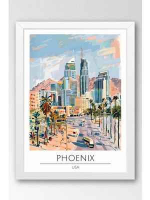 Abd Phoenix Temalı Çerçeveli Tablo Travel Serisi Modern Illüstrasyon Şehir Duvar Dekoru