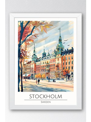Isveç Stockholm Temalı Çerçeveli Tablo Travel Serisi Modern Illüstrasyon Şehir Duvar Dekoru