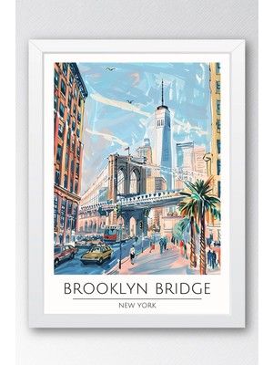 New York Brooklyn Bridge Temalı Çerçeveli Tablo Travel Serisi Modern Illüstrasyon Duvar Dekoru