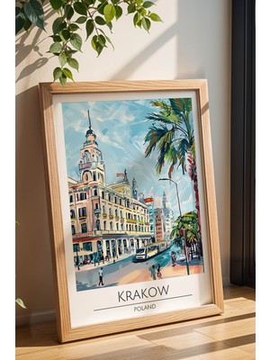 Polonya Krakow Temalı Çerçeveli Tablo Travel Serisi Modern Illüstrasyon Şehir Duvar Dekoru
