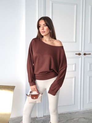 Mars Kahverengi Kayık Yaka Modal Kumaş Bluz