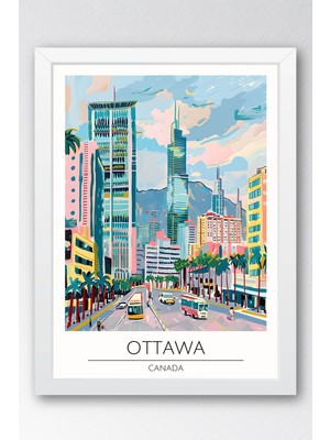 Kanada Ottawa Temalı Çerçeveli Tablo Travel Serisi Modern Illüstrasyon Şehir Duvar Dekoru