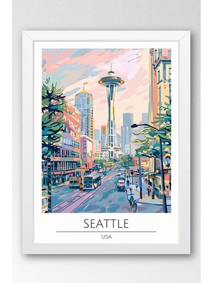 Abd Seattle Temalı Çerçeveli Tablo Travel Serisi Modern Illüstrasyon Şehir Duvar Dekoru