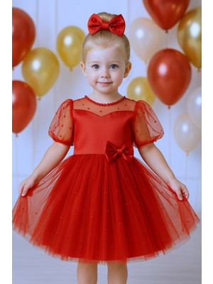 Treemass Abiye Kız Çocuk Elbisesi Tüllü Saten Incili Düğün ve Doğum Günü