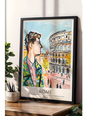 Modern Roma Italya Illüstrasyon Çerçeveli Tablo Dekoratif Duvar Sanatı Travel Serisi Şık Tasarım