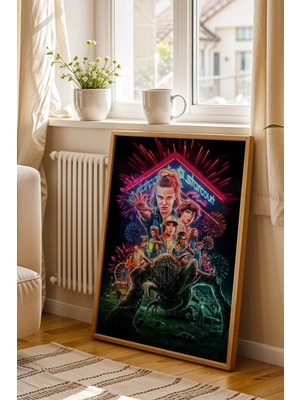 Stranger Things Premium Tasarım Çerçeveli Tablo - Eleven ve Arkadaşları Sanatsal Duvar Dekoru