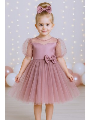 Treemass Biye Kız Çocuk Elbisesi Tüllü Saten Incili Düğün ve Doğum Günü