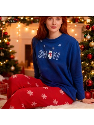 NiCe İç Giyim Lacivert Kırmızı Snow Yazı Desenli Polar Bayan Pijama Takım Kışlık
