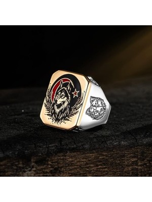 Canka Ay Yıldız Bozkurt İşlemeli Gümüş Yüzük