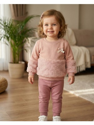 Asliva Fashion Asliva Kız Bebek Kürk ve Fiyonk Detaylı 2'li Takım Sweatshirt Pantolon (Bej ve Gül Kurusu)