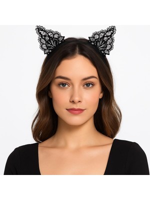 Ttt Siyah Kedi Dantel Taç + Eldiven Seti – Parti, Dans ve Kostüm Kombini