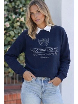 Kolej Yaka Detaylı Polo Baskılı Kadın Lacivert Sweatshirt