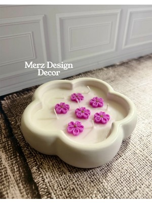 Merz Design Decor Dekoratif Çiçek Kasede Sakura Çiçeği Detaylı %100 Doğal Vegan Hakiki Soya Wax Mum