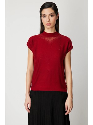 On Triko Transparan Detaylı Taşlı Bluz 60439