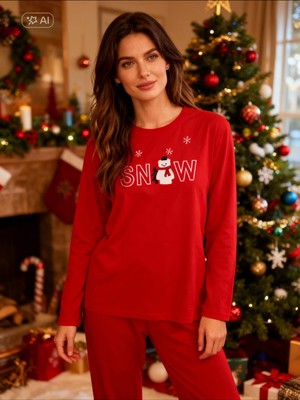 NiCe İç Giyim Kırmızı Kardam Adam Temalı Polar Bayan Pijama Takımı Kışlık Yumuşacık