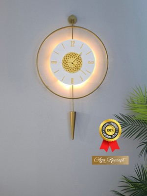 Aga Konsept Led'li Gold Pendulum Lotus Tiktok Kristal (Büyük Boy 50 x 90 Cm), Dekoratif Metal Duvar Saati