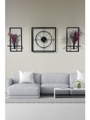 Aga Konsept Vip Set 60 cm Siyah 3'lü Kare Çiçeklikli Duvar Saati