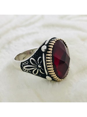 Canka Kırmızı Zirkon Taşlı 925 Ayar Gümüş Erkek Yüzük