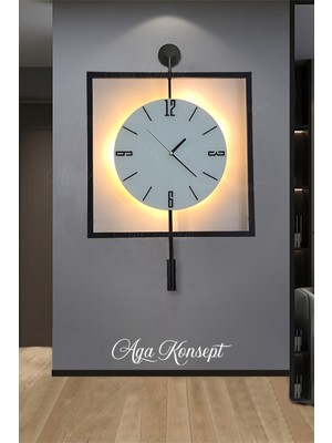 Aga Konsept Led'li Siyah Quadro Yuvarlak Kristal Orta Boy, Modern Dekoratif Sarkaçlı Metal Duvar Saati