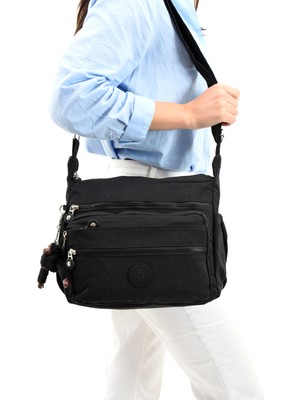 Duomino Klinkır Çok Cepli Suya Dayanıklı Siyah Krinkıl Omuz Çantası / Postacı Çanta