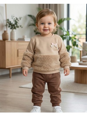 Asliva Fashion Asliva Kız Bebek Kürk ve Fiyonk Detaylı 2'li Takım Sweatshirt Pantolon (Bej ve Gül Kurusu)