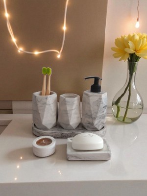 Trust Stone Mermer Desenli Beton Banyo Seti,sıvı Sabunluk ,diş Fırçalığı,kulak Çubukluğu,katı Sabunluk ve Mumluk