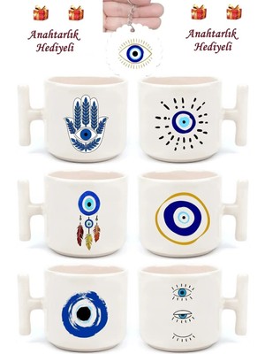Mio Life Nazar Boncuklu Göz Baskılı 6'lı El Yapımı T Kulplu Fincan