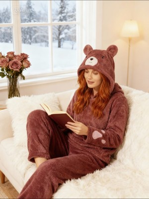 NiCe İç Giyim Mürdüm  Ayıcık Kapşonlu Welsoft Peluş Yumuşacık Bayan Pijama Takım