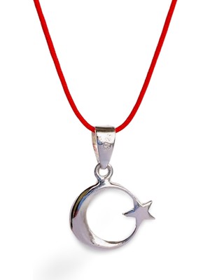 925 Ayar Gümüş Kırmızı Ip Bayrak Ay Yıldız Tasarım Kadın Choker Kolye