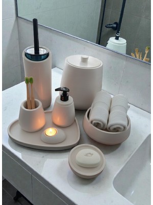 Trust Stone Kırık Beyaz Beton Banyo Seti,tuvalet Wc,çöp Kovası,katı,sıvı Sabunluk,tepsi,dekorasyon,aksesuarı