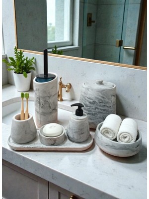 Trust Stone Mermer Desen Beton Banyo Seti Tuvalet Wc,sıvı Sabunlu, Diş Fırçalığı Aksesuar Takımı, Dekorasyon