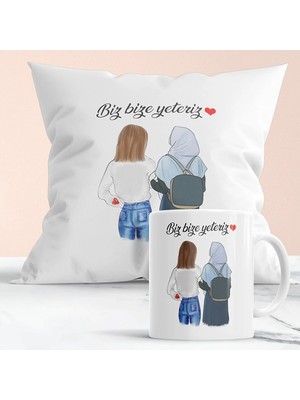 Mio Life 2 Arkadaşa Özel Biz Bize Yeteriz Hediyelik Yastık ve Kupa Seti