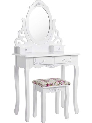 Makyaj Masası, Ayna ve Tabure ile Oyuk Makyaj Masası, 4 Çekmece, Eğim Koruması, Beyaz RDT04W, 75 x 4
