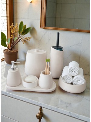 Trust Stone Beyaz Beton Banyo Seti, Sıvı Sabunluk, Diş Fırçalik , Tuvalet Fırçaligi ve Kova Takım
