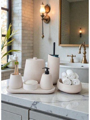Trust Stone Beyaz Beton Banyo Seti, Sıvı Sabunluk, Diş Fırçalik , Ç. Kovası ve Tuvalet Fırçası Takım