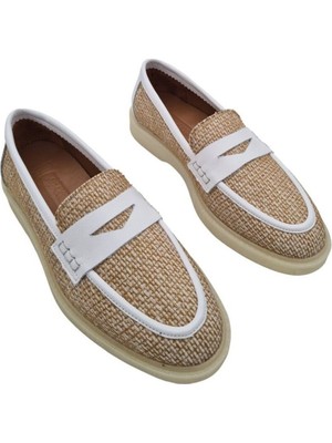 Hakiki Deri Keten Detaylı Kadın Beyaz Günlük Ayakkabı