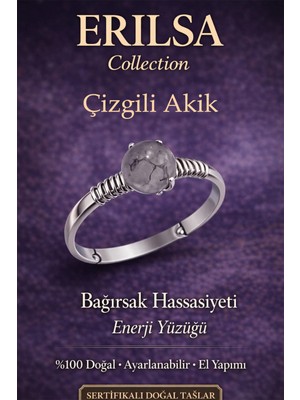 Erilsa Sertifikalı Bağırsak Hassasiyeti Enerji Yüzüğü – Çizgi Akik Taşı Ayarlamalı Ince Başak Yengeç Oğlak