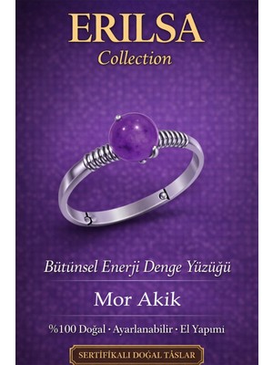 Erilsa Sertifikalı Bütünsel Enerji Denge Yüzüğü – Mor Akik Taşı Ayarlamalı Ince Kasa Akrep Kova Oğlak Burç