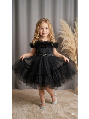 Ayyılmaz Kız Çocuk Pürpür Abiye Elbise Ekstra Tül Detaylı Beli Lastikli Siyah