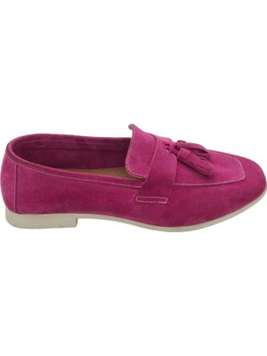 Hakiki Deri Taba Süet Püsküllü Kadın Günlük Ayakkabı Babet