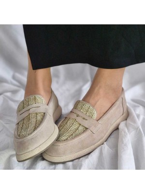 Hakiki Deri Hasır Detaylı Kadın Loafer - Şık ve Konforlu Günlük Ayakkabı