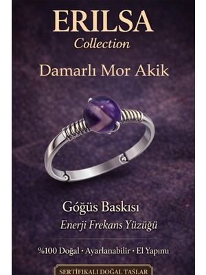 Erilsa Sertifikalı Göğüs Baskısı Enerji Yüzüğü – Damarlı Mor Akik Ayarlamalı Ince Kasa Yengeç Balık Terazi